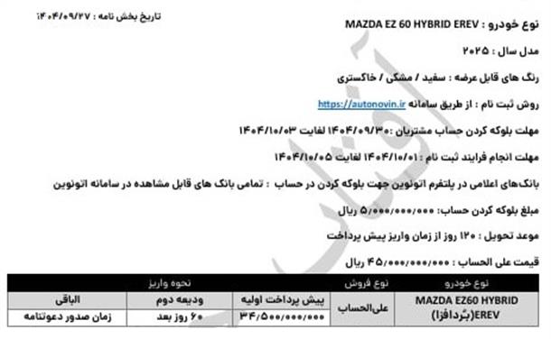 شرایط جدید فروش مزدا EZ6 در ایران